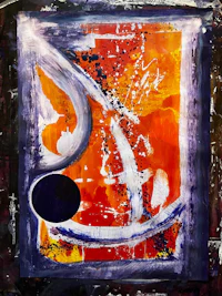 an abstract painting with a red, orange, and black background