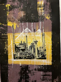 a black and yellow painting of a factory