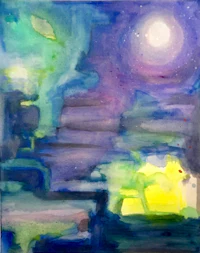 a watercolor painting of a night scene with a moon