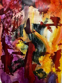 an abstract painting with red, yellow, and orange colors
